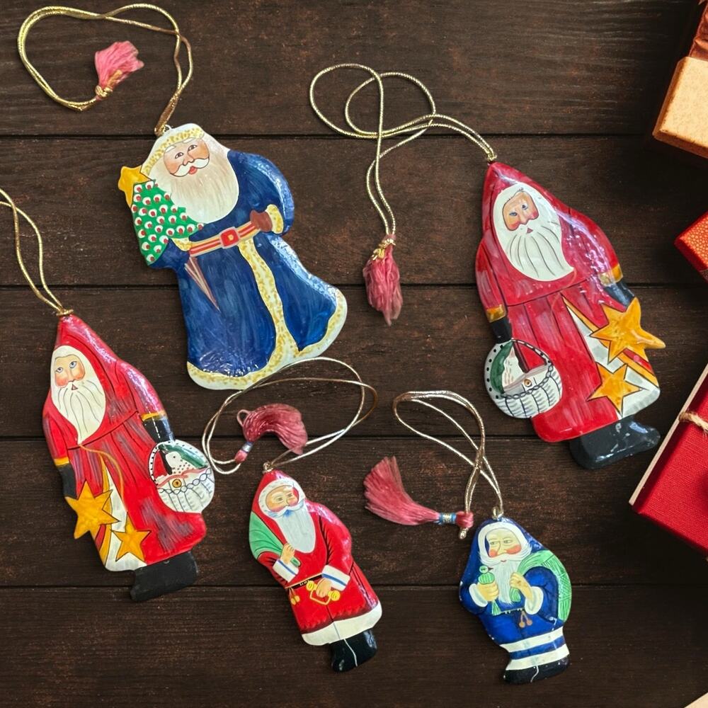 Vintage Russian Hand Painted Flat Wood Christmas Ornaments Set 5 Santa Ded Moroz